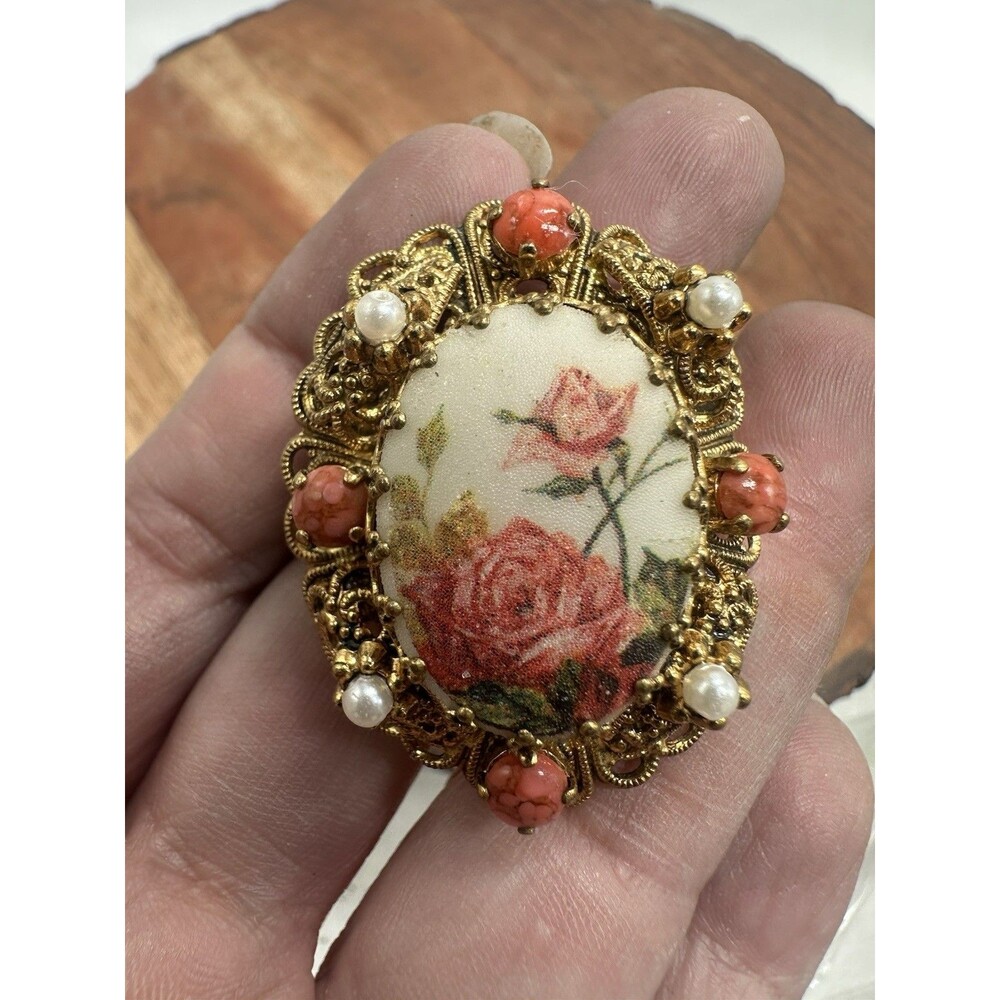 Porcelain Filigree Art Nouveau Brooch Pin Roses Cameo Floral Seed Pearls